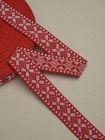 Жак.лента 24мм Орнамент-белая звезда на красном, рис.9867/3