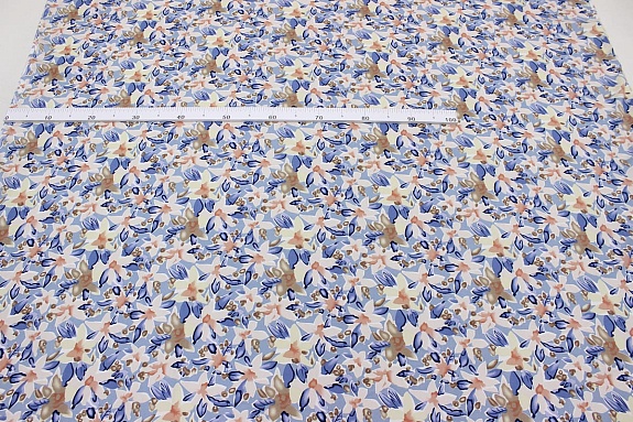 Штапель "Акварельные лилии" цв.голубой, ш.1.44м, вискоза-100%, 90гр/м.кв