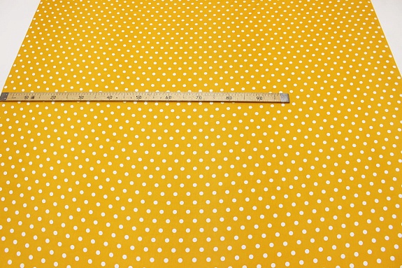 Штапель "Белый горох (11мм)" цв.желто-оранжевый, ш.1.44м, вискоза-100%, 90гр/м.кв