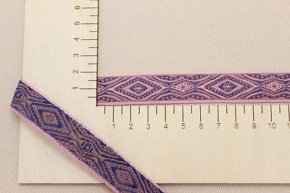 Жак.лента 18мм Бежево-синий узор на розовом