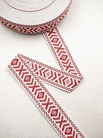 Лента тканая для поясов, 35мм Ромб-Крест, цв.красный/белый