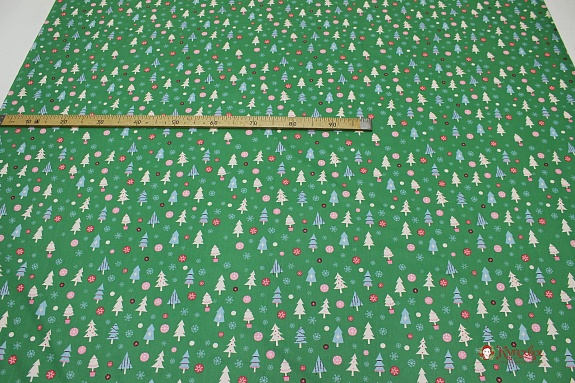 Сатин "Рождественские елочки" цв.зеленый, ш.1.61м, хлопок-100%, 120гр/м.кв