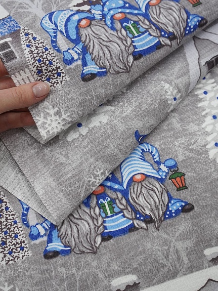 Вафельное полотно (холст) "Сказочные гномы" цв.синий, ш.0.5м, хлопок-100%, 165гр/м.кв