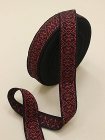 Лента тканая для поясов, 38мм Красный орнамент на черном, рис.9843