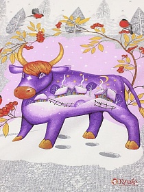 Рогожка "Новогодний бычок" цв.фиолетовый на сером, ш.1.5м, хл-100%, 160гр/м.кв, раппорт 0,64