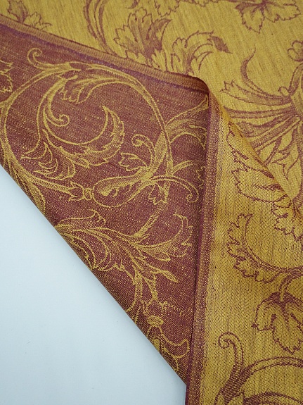 Льняной жаккард "Ренессанс" цв.бордовый/золотисто-желтый, ш.1.7м, лен-100%, 205гр/м.кв