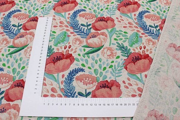 Полулен "Цветущие маки" (на т.суровом), ш.1.5м, лен-30%, хлопок-70%, 147гр/м.кв