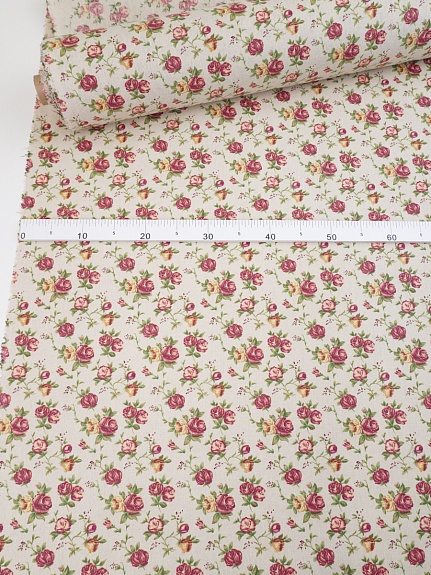 Полулен "Кустовые розы-зеленые листочки"(на светло-суровом), ш.1.5м, лен-40%, хл-40%, п/э-20%, 180гр/м.кв