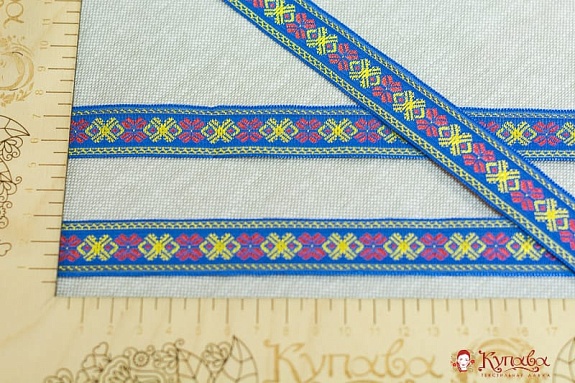 Жак.лента 22мм Красно-желтый орнамент на синем