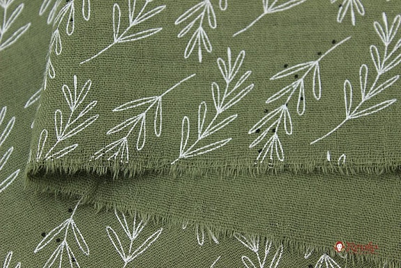 Муслин двухслойный с эф.жатости "Веточки" цв.серый хаки, ш.1.42м, хлопок-100%, 120гр/м.кв