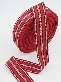 Лента тканая для поясов, 38мм Черно-белая строчка на красном