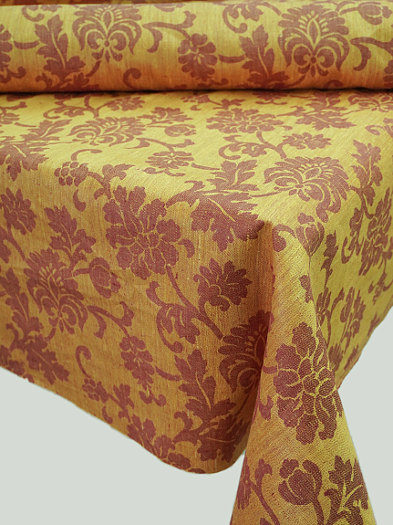 Льняной жаккард "Антония" цв.бордовый/золотисто-желтый, ш.1.7м, лен-100%, 205гр/м.кв