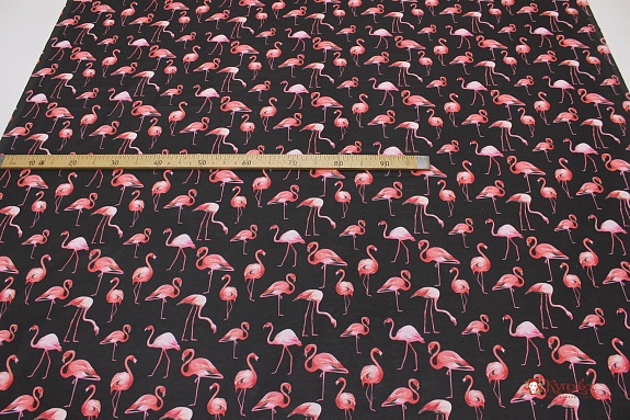 Перкаль "Коралловые фламинго на черном", ш.1.5м, хлопок-100%, 105гр/м.кв