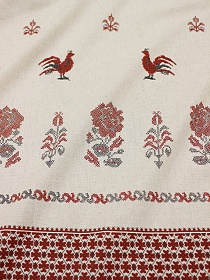 Мерный лоскут (ткань в отрезах) Полулен "Вышивка петушки на суровом с каймой", ш.1.5м, хлопок-70%, лен-30%, 140гр/м.кв