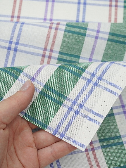 Холст полотенечный "Двойная цветная клетка" цв.зеленый/синий, ш.0.5м, лен-30%, хл-70%, 140гр/м.кв