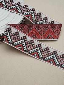 Жак.лента 32мм Славянский черно-красный орнамент оберег на белом, рис.9687/2