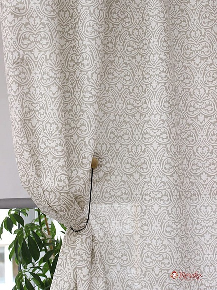 Полулен "Белый орнамент на серо-бежевом", ш.1.5 м, лен-30%, хл-70%, 140гр/м.кв