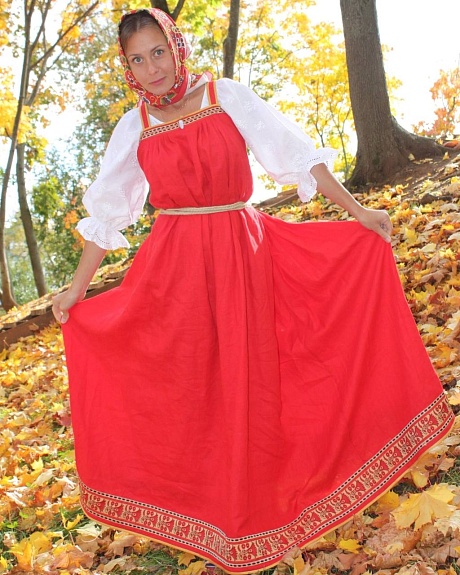 Сарафан с русском народном стиле льняной "Огонь цветок" блуза из Шитья*