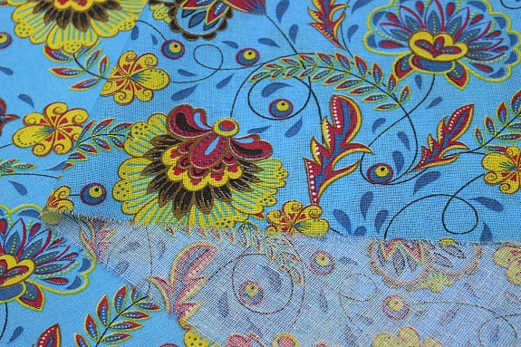 Ситец "Павлиний цвет на бирюзово-голубом", ш.0.8м, хлопок-100%, 86гр/м.кв