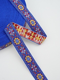 Жак.лента 23мм Желтый/красный цветочный орнамент на васильковом