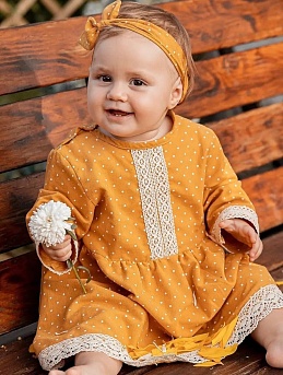 Детское платье из теплого хлопка "Мелкий горох-2 на горчичном"