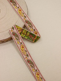 Жак.лента 24мм Т.кленово-зеленые/желтые огурцы на бежевом