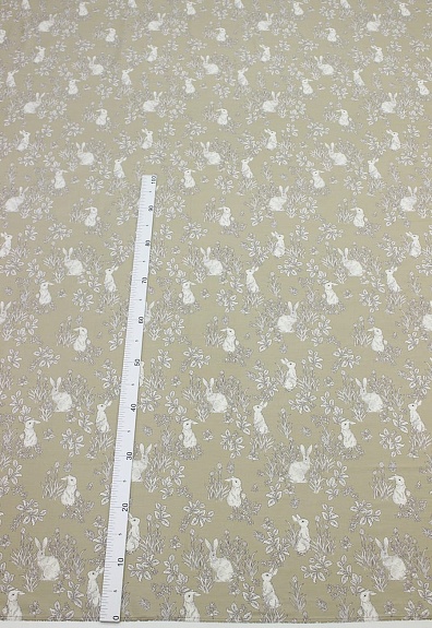 Сатин "Луговые зайчата" цв.бежевый с зеленым оттенком, ш.2.35м, хлопок-100%, 110гр/м.кв