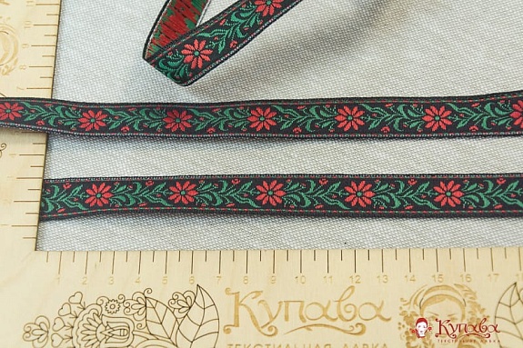 Жак.лента 18мм Красные цветы на черном