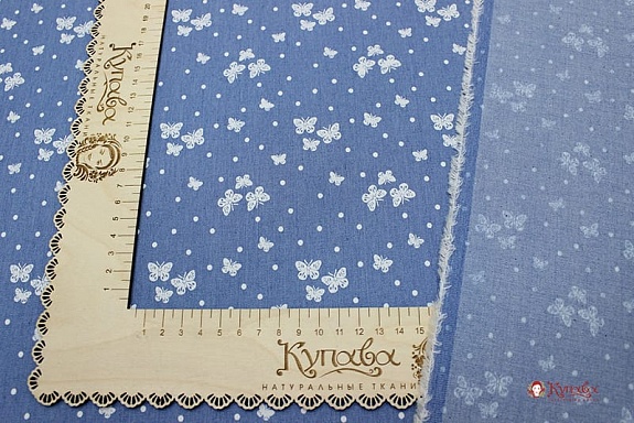Джинсовая ткань "Бабочки с горошком на голубой джинсе", ш.1.47м, хлопок-85%,п/э-15%, 140гр/м.кв