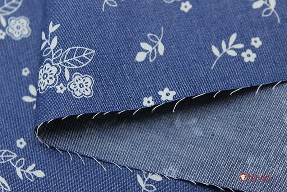 Джинсовая ткань "Веточки-цветочки на джинсе",  ш.1.48м, хл-85%, п/э-15%, 140гр/м.кв