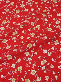 Штапель "Полонез" (горчичные цветы на красном), ш.1.44м, вискоза-100%, 90гр/м.кв