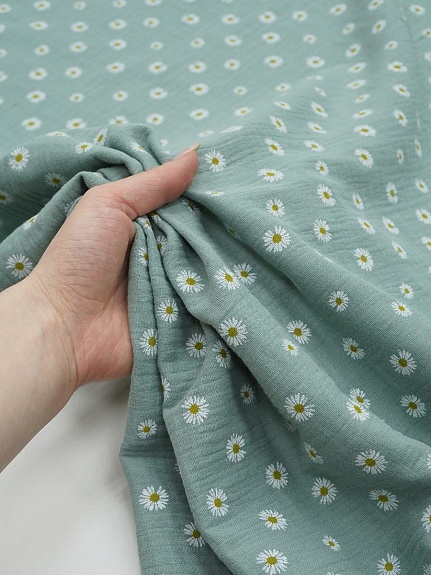 Муслин двухслойный с эф.жатости "Ромашка полевая" цв.винтажная мята, ш.1.4м, хл-100%, 120гр/м.кв