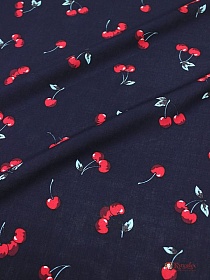 Штапель "Вишенки на чернильном", СОРТ2, ш.1.4м, вискоза-100%, 90гр/м.кв