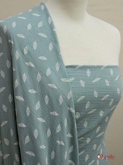 Муслин двухслойный с эф.жатости "Листочки" цв.голубой мох, ш.1.4м, хлопок-100%, 120гр/м.кв