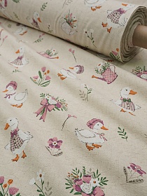 Полулен поэма "Гуси - прованс" (на суровом) цв.розовый, ш.1.5м, лен-30%, хлопок-70%, 155гр/м.кв