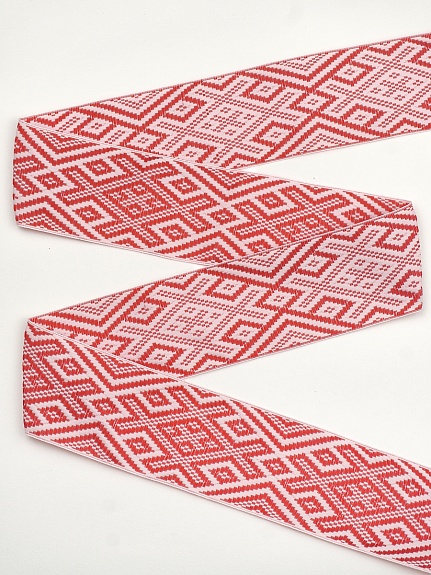 Жак.лента 70мм Красный славянский рисунок на бледно-розовом