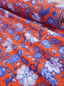 Саржа "Синий цветочный узор на оранжево-красном", ш.1.5 м, хлопок-100%, 200гр/м.кв
