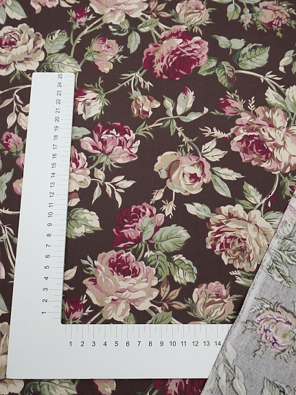Сатин "Античные розы" цв.горький шоколад, ш.1.6м, хлопок-100%, 110гр/м.кв