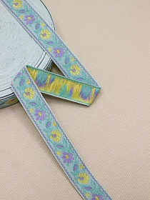 Жак.лента 23мм Сиреневые/желтые цветы на св.мятно-бирюзовом, рис.8866