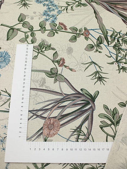 Полулен "Летнее раздолье-голубые цветы" (на суровом), ш.2.2м, лен-30%, хлопок-70%, 150гр/м.кв