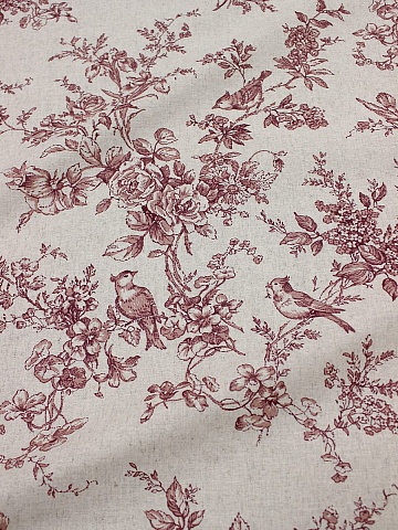 Полулен "Райские птицы" цв.вишневый (на суровом), ш.2.2м, лен-30%, хлопок-70%, 150гр/м.кв