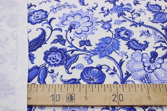 Саржа "Синий цветочный узор на белом", ш.1.5м, хлопок-100%, 200гр/м.кв