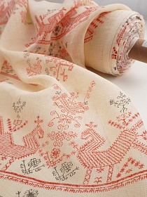 Льняная сетка "Лошадки под набойку" цв.сливочный/красный, ш.1.15м, лен-100%, 100гр/м.кв