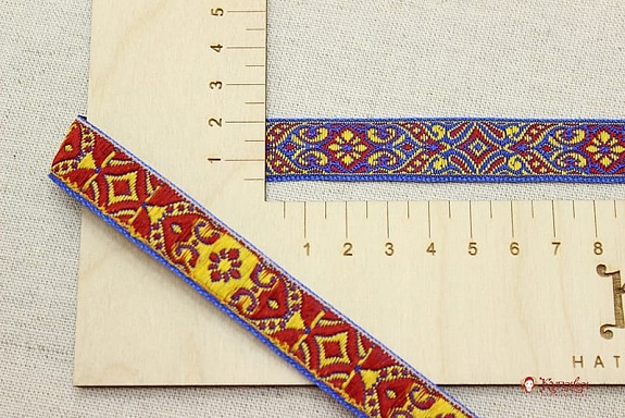 Жак.лента 17мм Желто-красный орнамент на синем