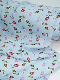 Штапель Премиум (Digital) "Изящные розочки" цв.голубой, ш.1.45м, вискоза-100%, 110гр/м.кв