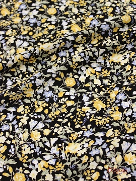 Штапель "Ингрид" горчичные цветочки на черном, ш.1.43м, вискоза-100%, 100гр/м.кв