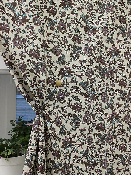 Полулен "Коричнево-сиреневые сказочные цветы с птичками" (на суровом), ш.1.5м, лен-30%, хл-70%