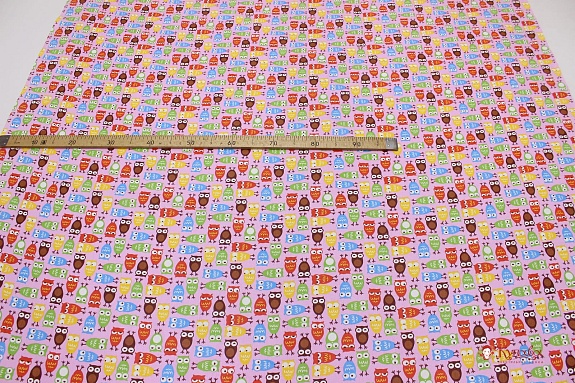 Поплин "Разноцветные совы на розовом", СОРТ2, ш.1.5м, хлопок-100%,115гр/м.кв