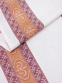 Холст полотенечный жаккард "Ромбы на белом с каймой" цв.кирпичный/бордовый, ш.0.5м, лен-30%, хл-70%