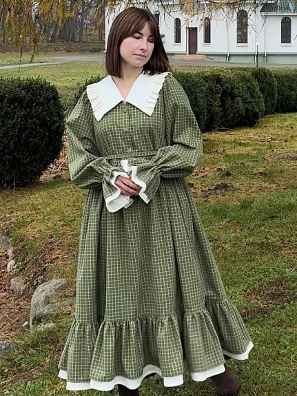 Платье из пестряди "Молочная клетка на т.болотно-зеленом"